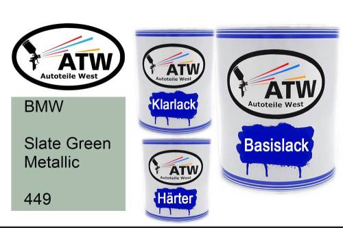 BMW, Slate Green Metallic, 449: 1L Lackdose + 1L Klarlack + 500ml Härter - Set, von ATW Autoteile West.